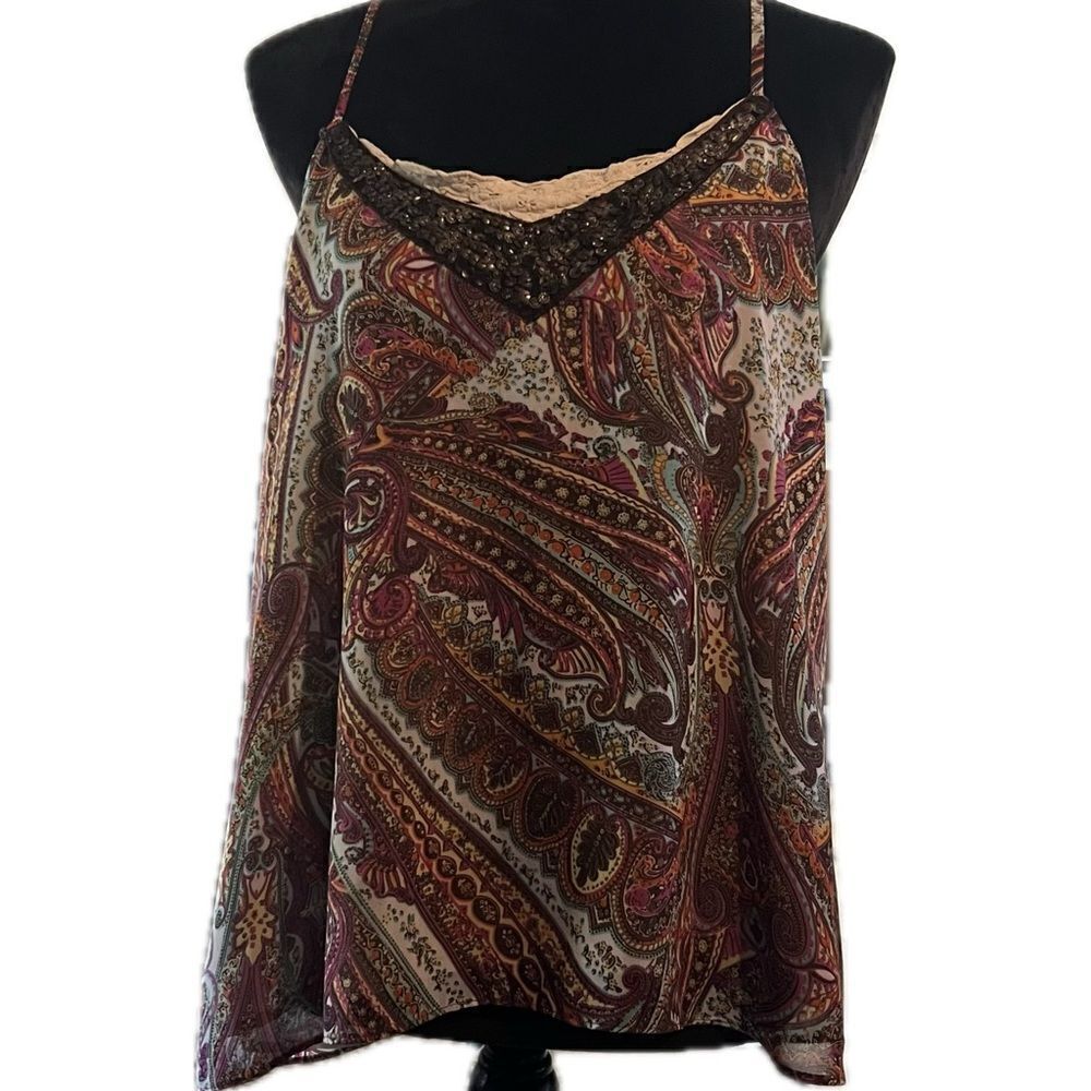BKE women’s size large‎ double layer spaghetti strap, sheer abstract top